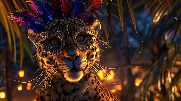 A stunning closeup portrait of a jaguar wearing a golden mask with intricate details and colorful feathers