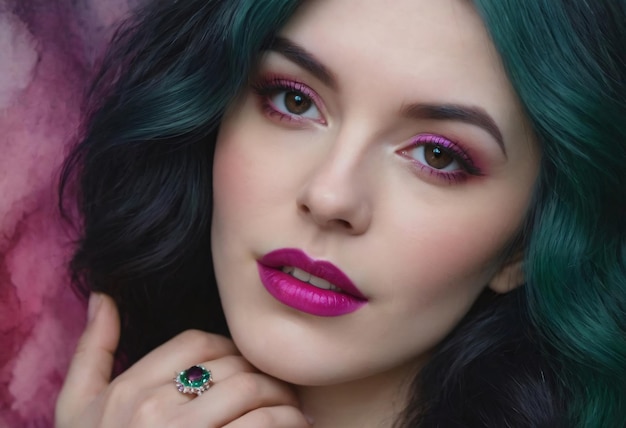 Stunning CloseUp Portrait of a Woman With Emerald Green Hair and Vibrant Makeup