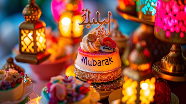 A stunning closeup of a traditional Eid dessert adorned with a delicate Eid Mubarak message in English calligraphy on lanterns surrounded by vibrant colors