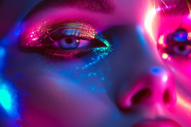 Stunning closeup of a womans face featuring vivid neon makeup under blue and pink lights