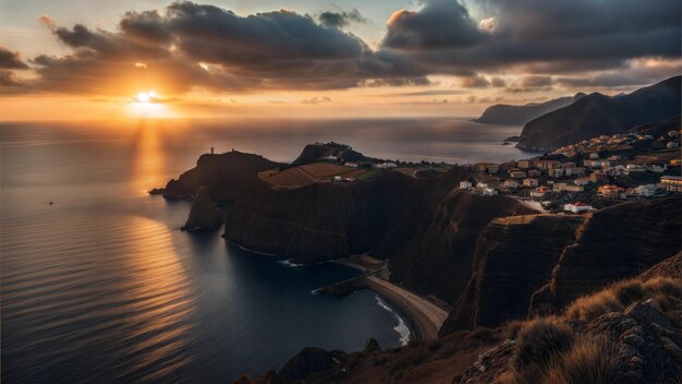 Stunning coastal cliffside village at sunset overlooking the ocean