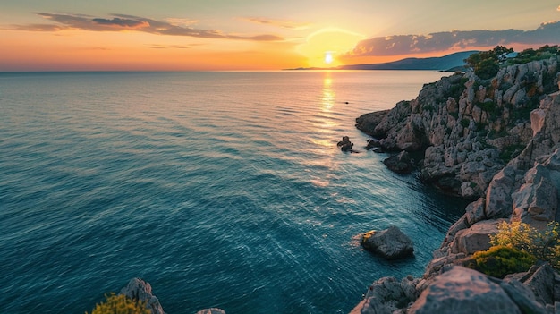 Stunning Coastal Sunset Over Serene Ocean Waves and Rocky Cliffs