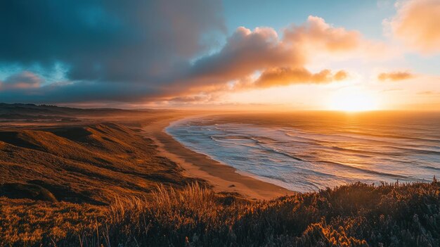 Photo a stunning coastal sunset over waves and hills capturing nature39s beauty and tranquility