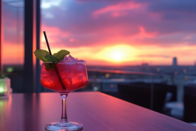 Photo a stunning cocktail against a vibrant sunset backdrop the colorful drink adds life to the scene perfect for a relaxing evening generative ai