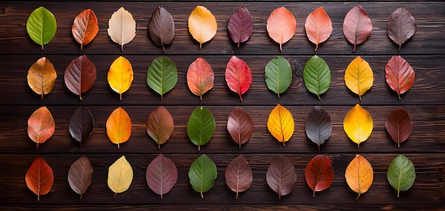 A Stunning Collection of Vibrantly Colored Fallen Leaves Displayed on a Dark Wooden Surface