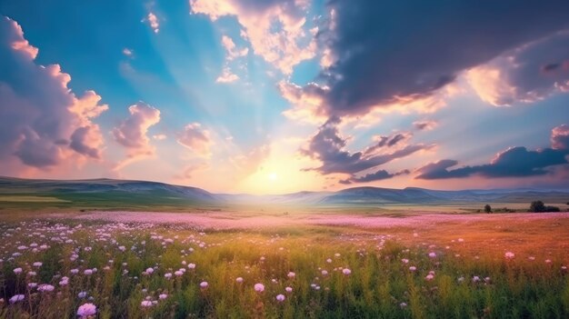 Stunning colorful landscape Yellow field of flowering on background blue sky