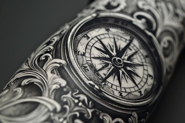 Stunning Compass Tattoo with Detailed Design and Intricate Patterns Covering a Forearm Adventurous and Bold Digital Art