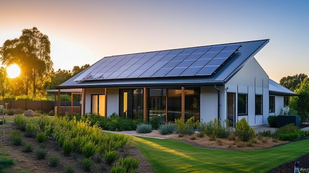 A stunning contemporary home with solar panels on the gable top GENERATE AI