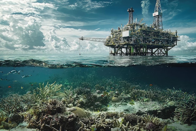 A stunning contrast of industry and nature an oil rig towering above a vibrant underwater world teeming with life beneath the waves