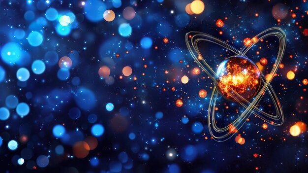 Photo stunning cosmic scene featuring a glowing atom surrounded by vibrant blue and orange bokeh lights representing energy and science