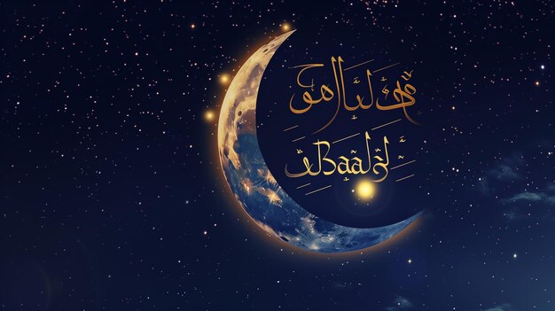 A stunning crescent moon shining bright in a starry night sky with a bold Eid Mubarak message in Arabic calligraphy