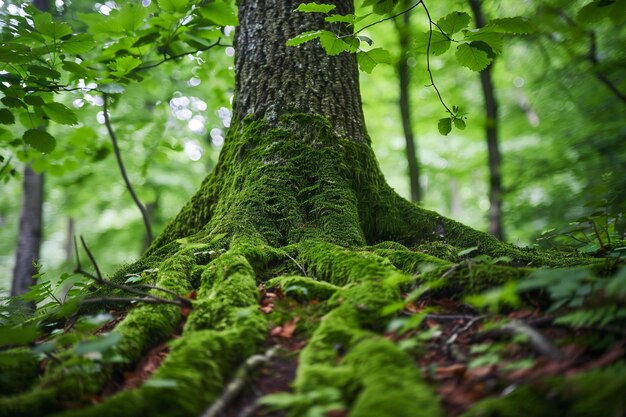 Stunning Depicting Mosscovered tree trunk with roots and green leaves in dense forest setting