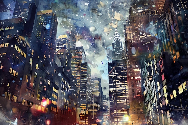 Stunning digital artwork of a bustling cityscape at night showcasing vibrant lights and towering skyscrapers under a starry sky