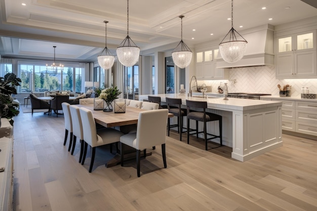 Stunning dining area and kitchen interior in a newly built luxurious home Highlights include elegant...