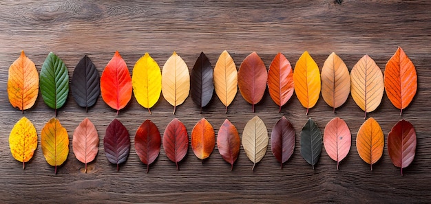 Photo a stunning display of autumn39s palette fallen leaves artfully arranged on a rustic surface