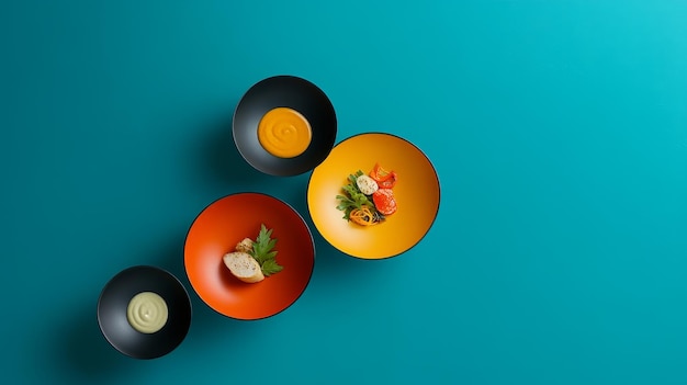 Photo a stunning display of finished dishes showcasing three vibrant bowls filled with fresh ingredie