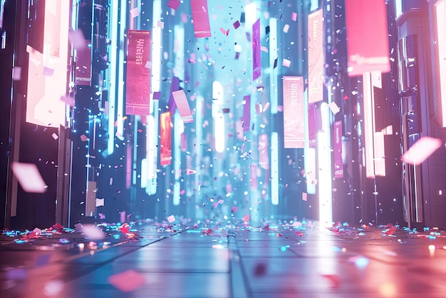 A Stunning Display of Floating Discount Banners and Colorful Confetti in a Vibrant Digital Alleyway Atmosphere