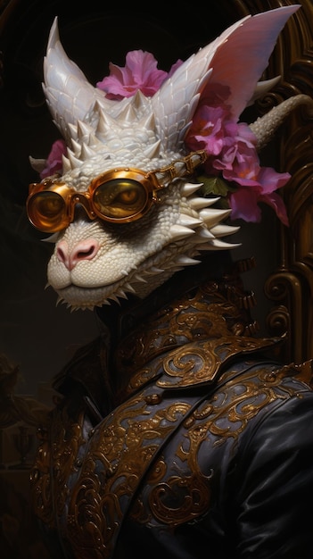 A stunning dragon statue wearing an intricate costume representing the mythical creatures Isolated on a black background Style Rococo Generative AI