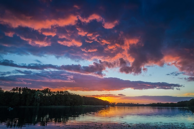 Stunning dusk at the lake with dynamic sky Europe