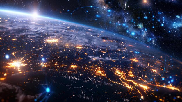 Stunning earth from space with glowing cities and starry network generative ai