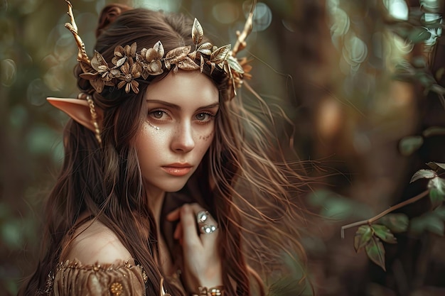 Stunning elf maiden in magical forest with flowing hair and golden crown