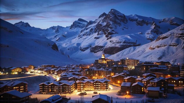 Photo stunning evening landscape of tignes ski resort in french alps