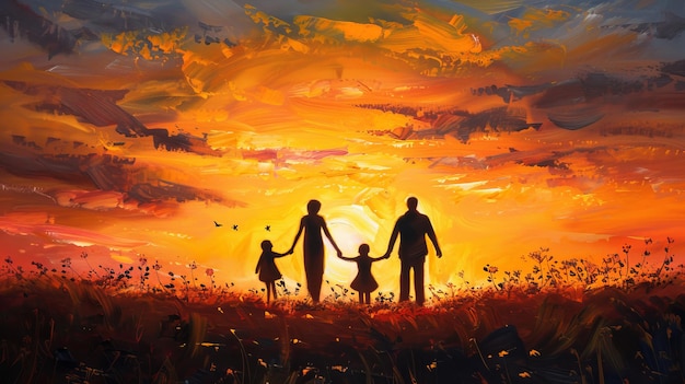 Stunning family portrait painting in the warm golden glow of a beautiful sunset