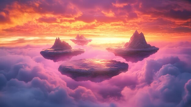 Photo a stunning fantasy landscape featuring floating islands above a colorful sunset sky surrounded by soft clouds and vibrant hues