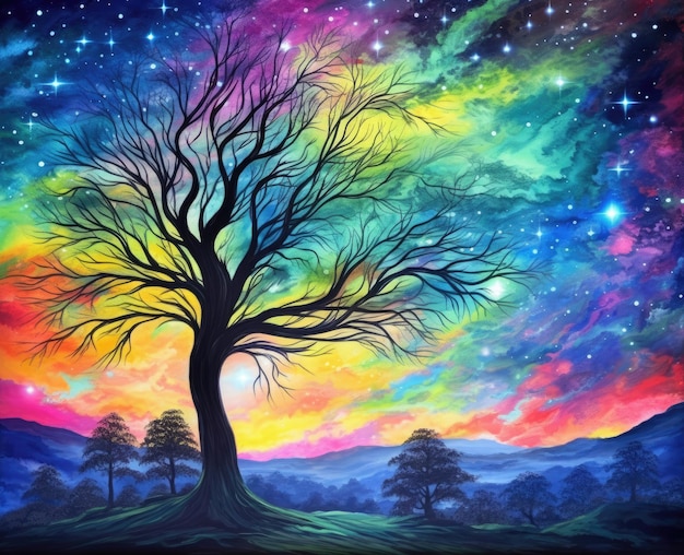 Stunning fantasy landscape night neon watercolor colorful mountain trees sky star background