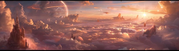 Stunning fantasy landscape with vibrant sunset floating islands and a distant planet in a dreamy otherworldly sky