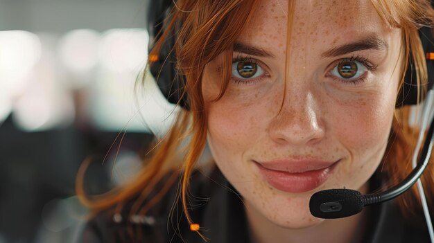 A stunning female customer support phone operator in the office focused