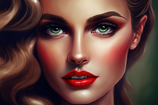 Stunning female features and red lips close up example of makeup in