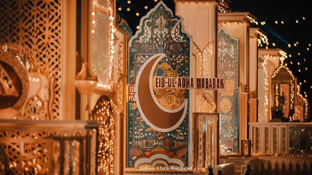 A stunning and festive photo showcasing an exclusive Eid Ul Adha background design The background features intricate patterns and vibrant colorsreminiscent of traditional Islamic art