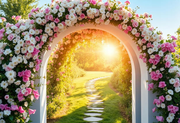 Stunning Floral archway framing a sunlit path