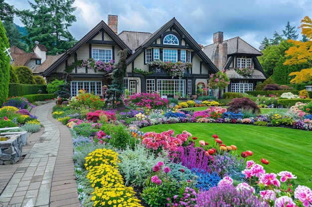 Stunning Floral Garden Design in Front of Beautiful House