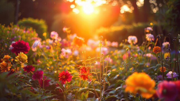 Photo a stunning flower garden at sunset with flowers glowing in the golden hour light