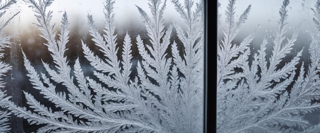 Photo a stunning frost pattern resembling ferns on glass capturing winters beauty