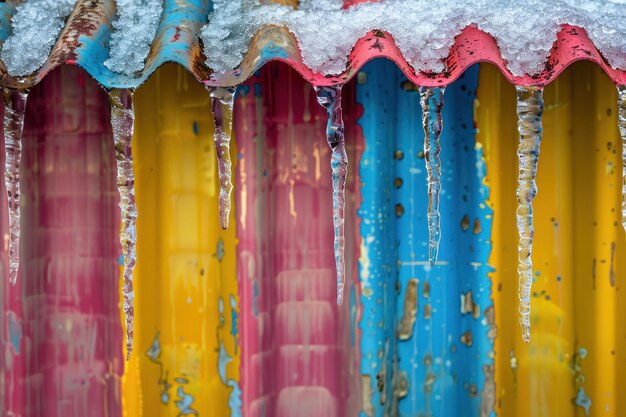 Stunning Frozen Icicles Hanging on colorful metal roof