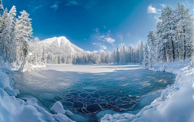 A Stunning Frozen Lake with Ice Cracks and Snowy Trees in a Serene Winter Landscape