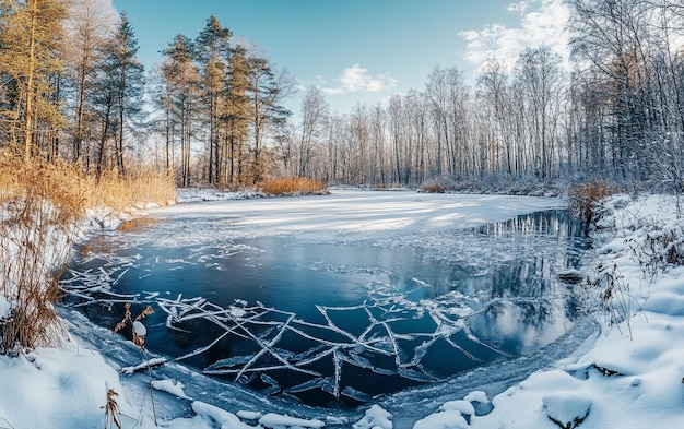 Photo a stunning frozen lake with ice cracks and snowy trees in a serene winter landscape