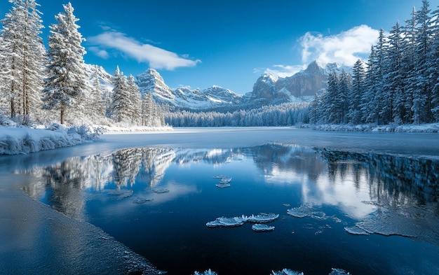 Photo a stunning frozen lake with ice cracks and snowy trees in a serene winter landscape