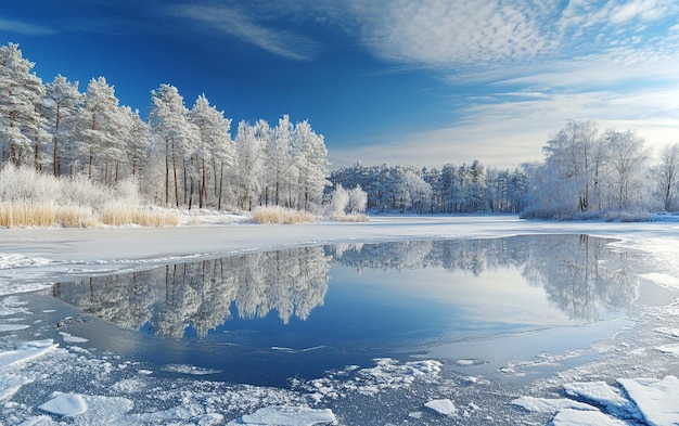 Photo a stunning frozen lake with ice cracks and snowy trees in a serene winter landscape