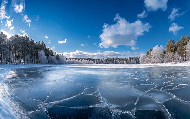 Photo a stunning frozen lake with ice cracks and snowy trees in a serene winter landscape