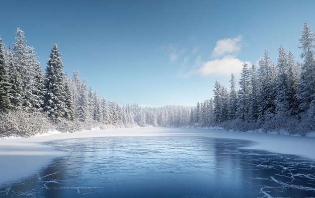 Photo a stunning frozen lake with ice cracks and snowy trees in a serene winter landscape