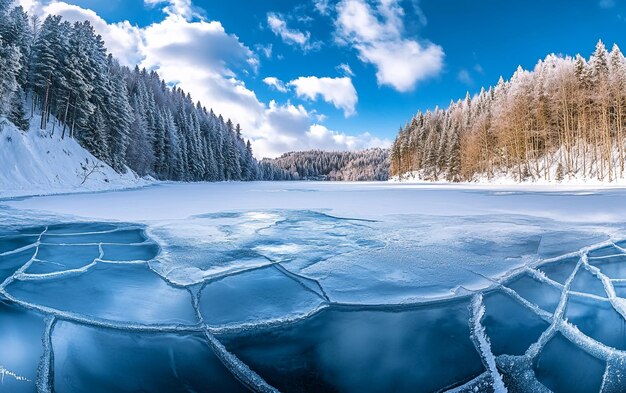 A Stunning Frozen Lake with Ice Cracks and Snowy Trees in a Serene Winter Landscape