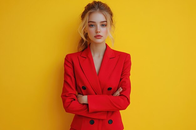 Photo stunning fullbody portrait of elegant young lady in red suit against vibrant yellow background