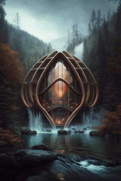 Stunning futuristic wood and glass luxury ecohome in middle of the forest generative AI