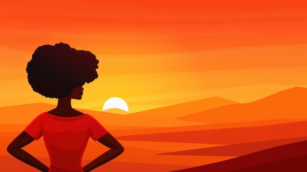 Stunning generative AI illustration of a woman with an afro facing a scenic sunset backdrop