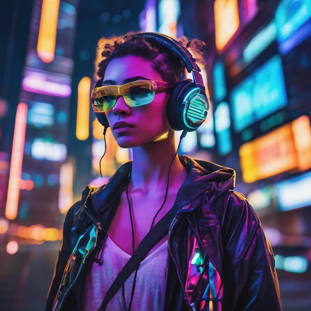 Stunning Girl in Holographic Clothes in Purple Neon City girl with headphones generative ai