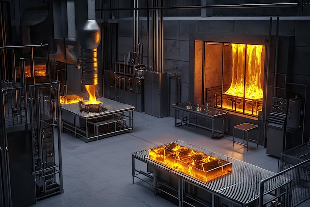 A Stunning Glimpse into a 3D Glassblowing Studio with Glowing Furnaces Showcasing the Art of Molten Glass Creation